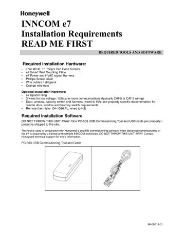 INNCOM e7 Installation Requirements READ ME FIRST - Honeywell